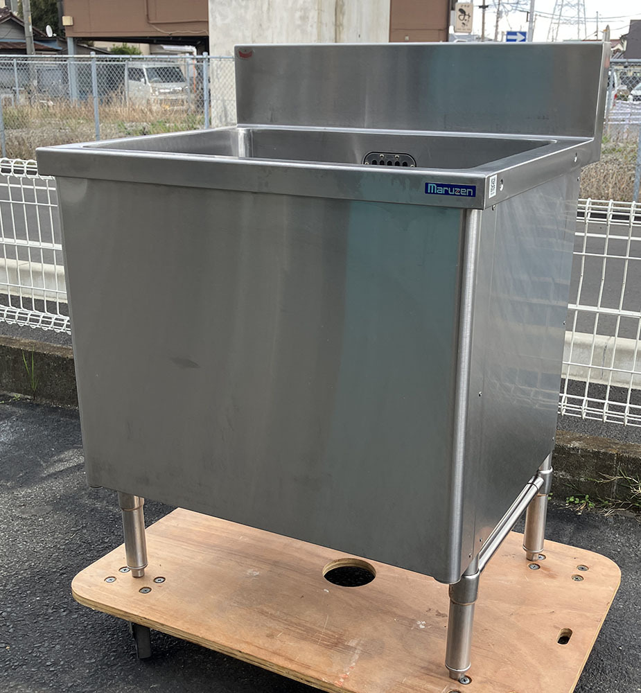 即決 マルゼン 一槽シンク 深型 幅700 奥行600 高さ780+150mm 3方枠 横引きトラップ バックガード付 ステンレス 厨房 業務用 中古拍卖