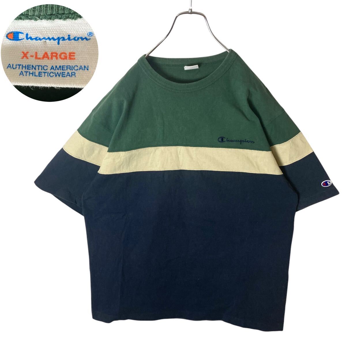 チャンピオン刺繍ロゴ入りマルチカラーボーダーTシャツXLゆったりサイズ拍卖