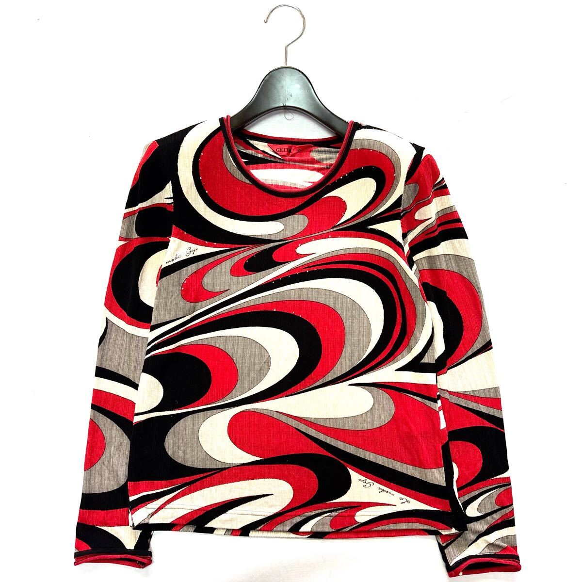 Q ◇ 良品/高級エレガント服 '日本製' 伊太利屋 GK ITALIYA 長袖 総柄 ラインストーン装飾 ストレッチ カットソー size:11 トップス 婦人服拍卖