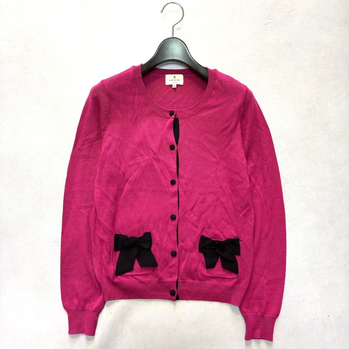 W◇良品/高級感溢れる!! '洗練されたデザイン' LANVIN en Bleu ランバンオンブルー 長袖 リボン装飾 ニット カーディガン 38 トップス 上着拍卖