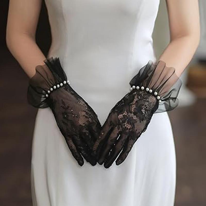 レース ショート グローブ 手袋 結婚式 ドレス シースルー 黒 パール拍卖