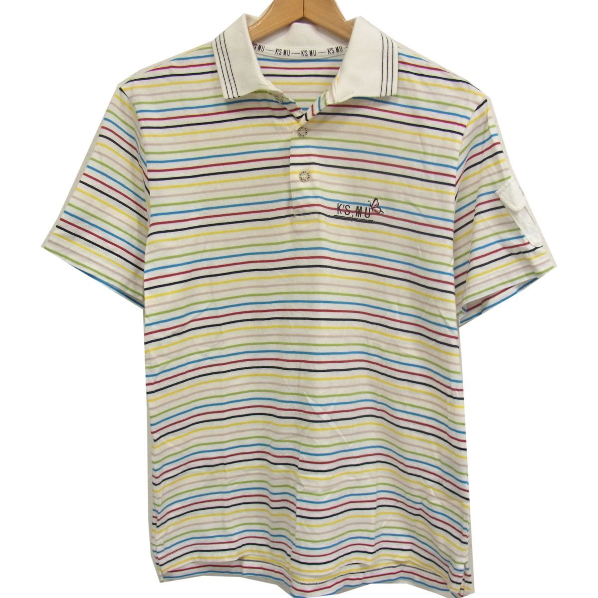 $ 美品 $ ゴルフ♪■ ミエコウエサコ ■ K’S MU ■ ボーダー柄・ 半袖 ポロシャツ ■ 日本製 綿 ■ 48 メンズ M ■ 白 ホワイト■送料無料拍卖