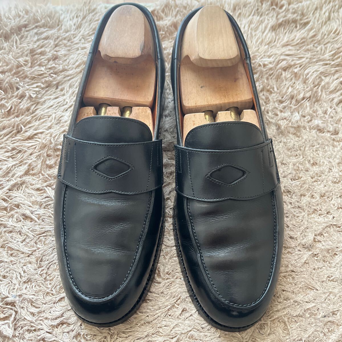 美品 エドワードマイヤー EDUARD MEIER 8D 黒 コインローファー AS済み ヒールカウンター 履き口パイピング シューズ拍卖