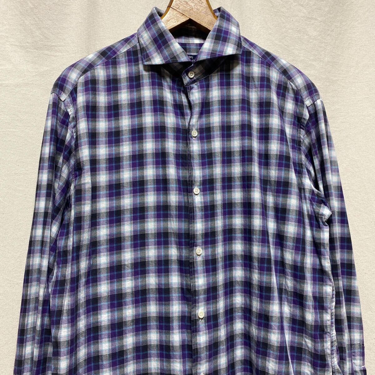 美品 SHIPS チェック ホリゾンタルカラーシャツ 42 長袖シャツ コットン チェック柄 チェックシャツ シップス 日本製拍卖