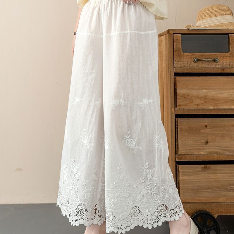 お色選択可刺花柄 ホワイト ぺチパン ズボン 綿100% ガウチョパンツ ナチュラル系 大人可愛 重ね着風お花刺繍拍卖