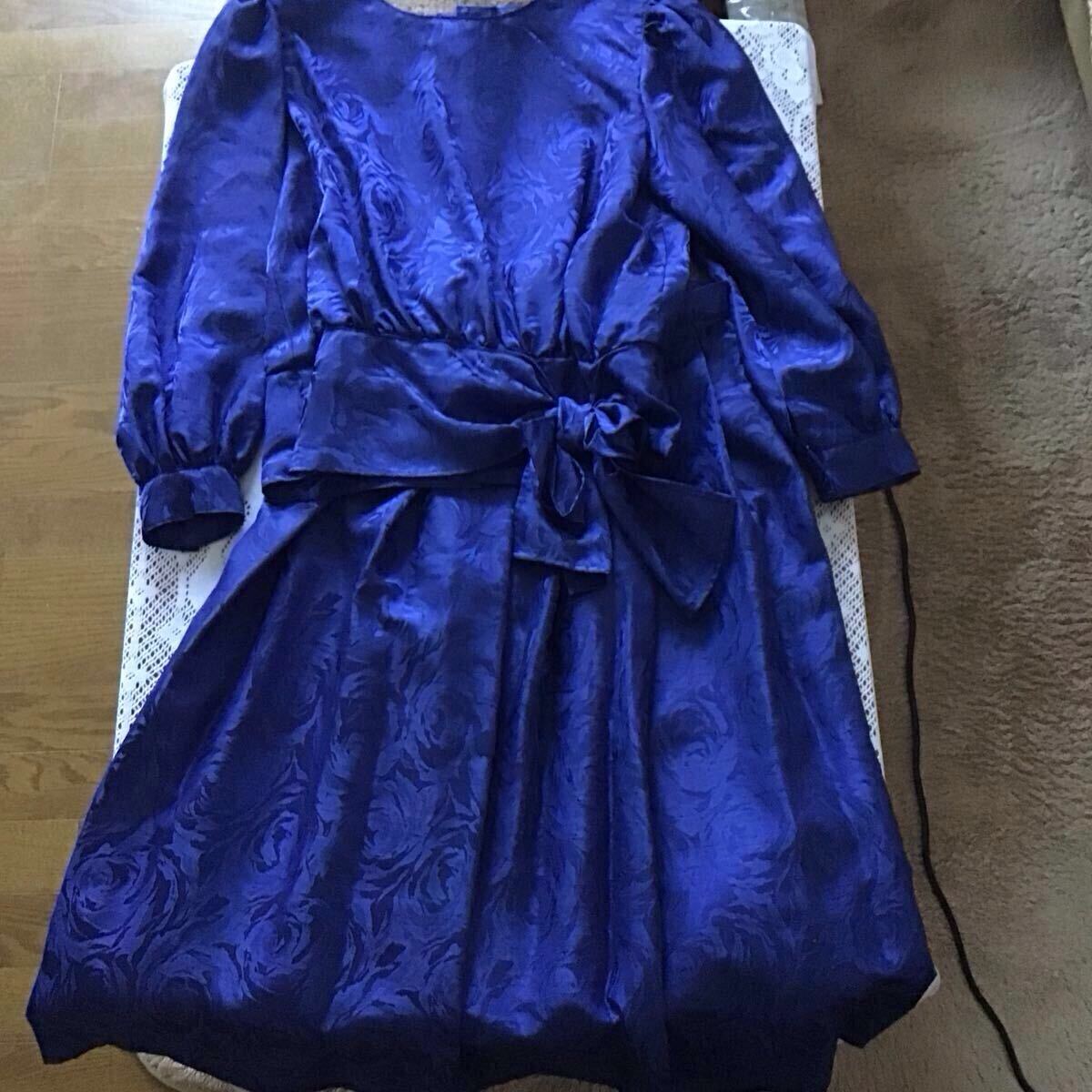 ハンドメイド ワンピース風ツーピース ドレス Mサイズ 紺色 ジャガード織拍卖