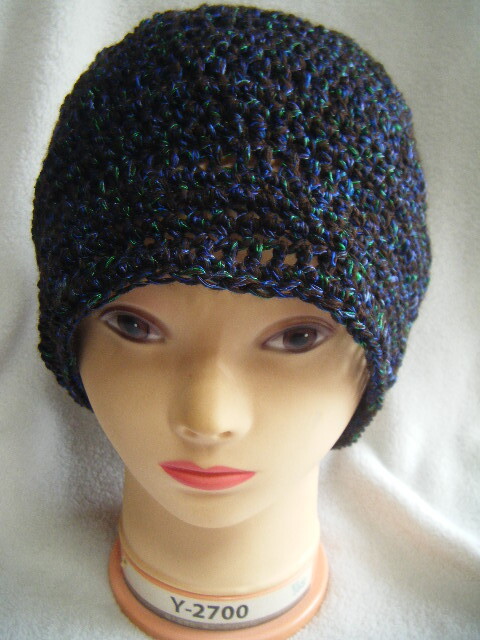 春~秋*手編み男女兼用キャップ*ややゆったり幅*こげ茶に超細い、緑、紺、紫が絡む 35拍卖