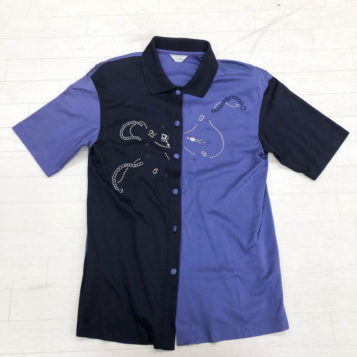 1726〓 Leilian レリアン ニットボタンシャツ レディース ダークネイビー ヴァイオレット トップス ニットシャツ 半袖 カットソー拍卖