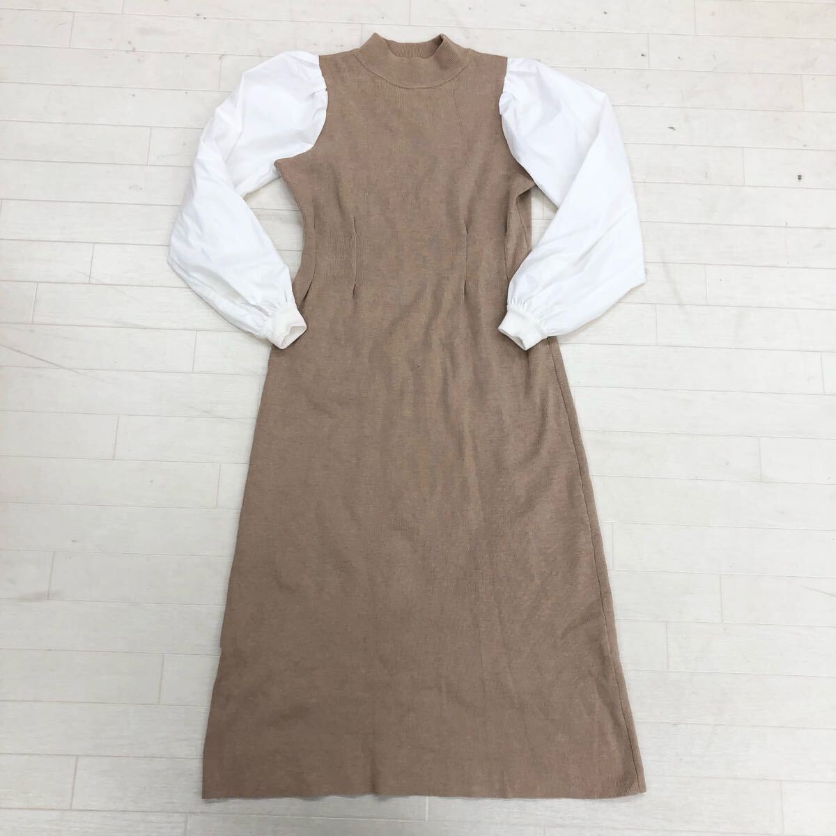1736〓 FREE'S MART フリーズマート 長袖ワンピース レディース サイズFR ベージュ ホワイト 切替デザイン ミドルワンピース ミディ丈拍卖