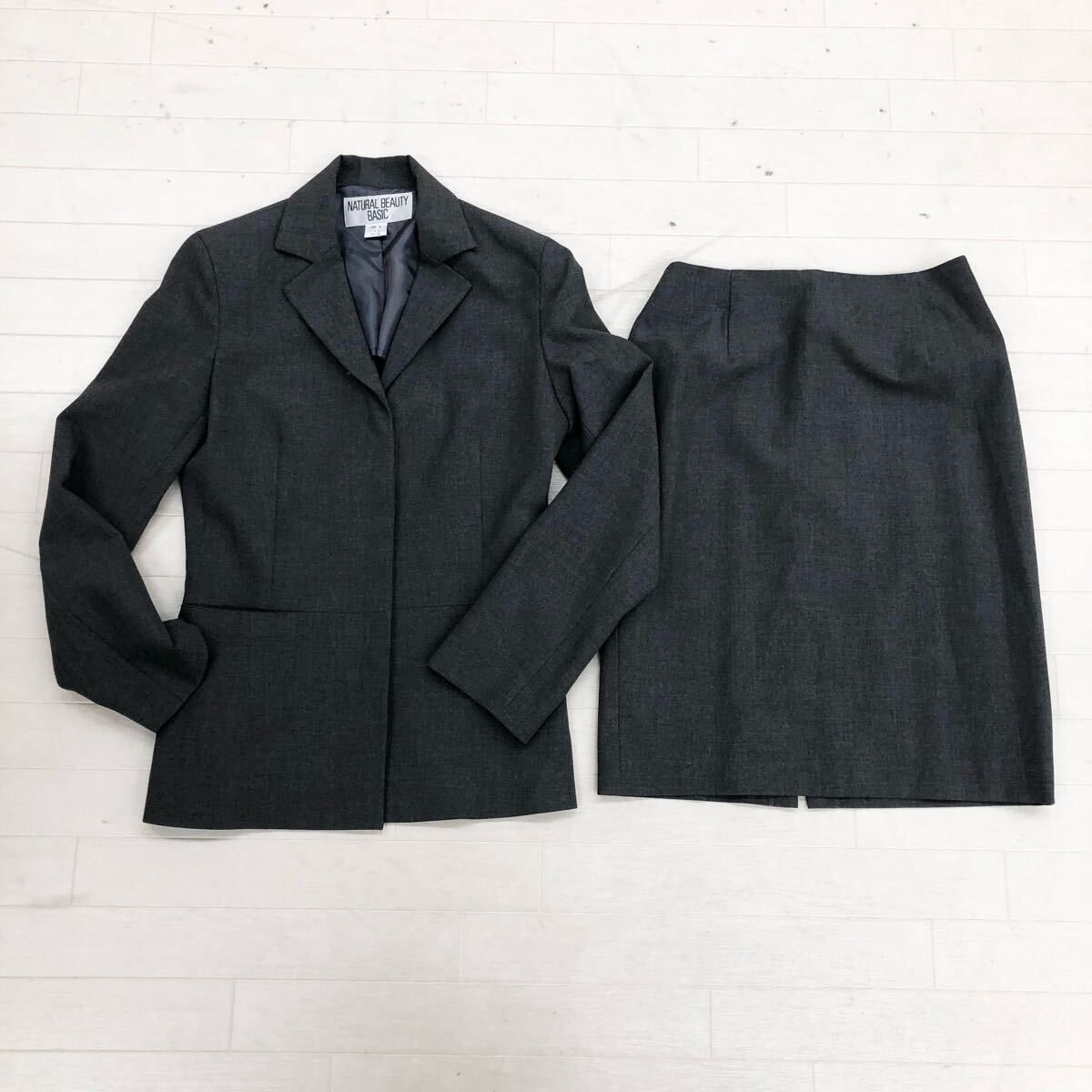 1737〓 セットアップ NATURAL BEAUTY BASIC ナチュラルビューティーベーシック 比翼ジャケット 台形スカート レディース サイズL グレー拍卖