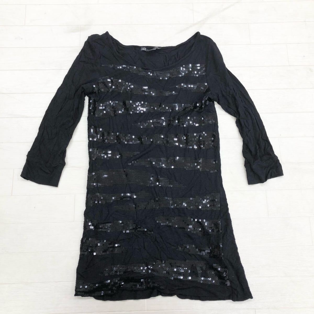 1737〓 ARMANI EXCHANGE アルマーニエクスチェンジ カットソー レディース サイズXS ブラック ビジュー キラキラ トップス 六分袖 七分袖拍卖