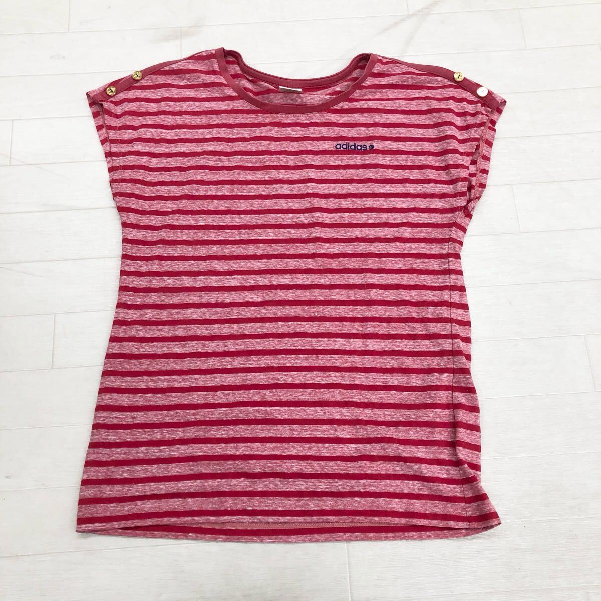 1737〓 adidas NEO アディダスネオ フレンチスリーブカットソー レディース サイズS レッド ピンク ボーダー柄 トップス拍卖