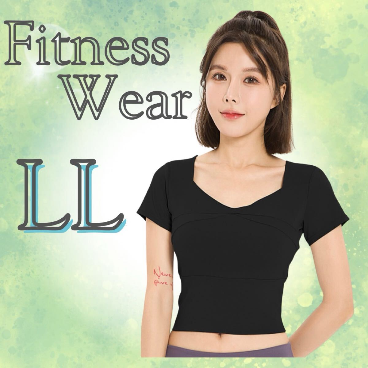 フィットネスウエア LL ブラック 黒 ヨガ ピラティス トレーニング 夏 半袖 丸首拍卖