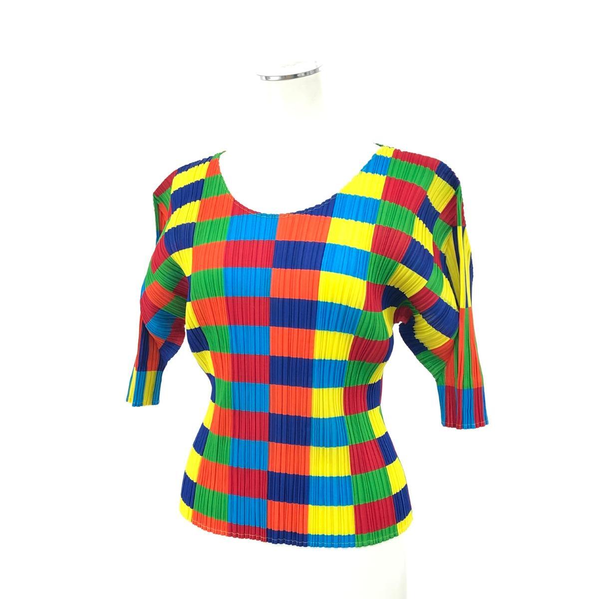 ◆PLEATS PLEASE プリーツプリーズ ブロックチェック 五分袖 カットソー サイズ:4◆PP14-JK356 マルチカラー レディース トップス拍卖