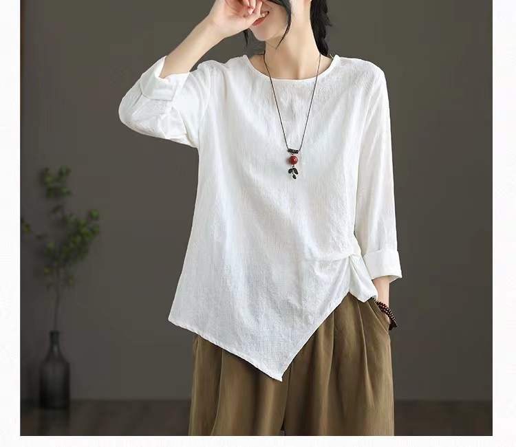 「同梱1万円送料無料」秋新作*カジュアル*ナチュラル*無地*綿麻*不規則*ゆったり大きいサイズ*長袖シャツブラウス*白*2XL拍卖