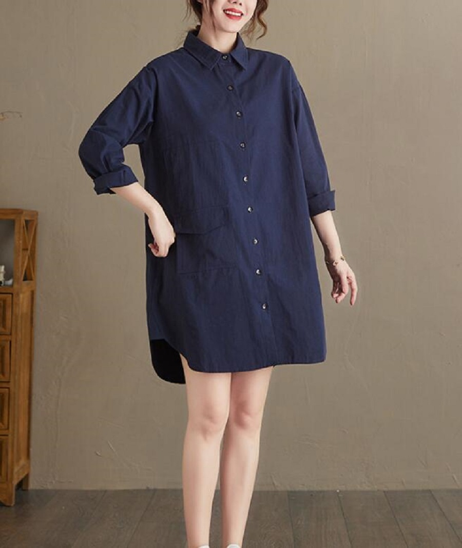 同梱1万円送料無料■M-2XLサイズ■シャツ トップス ロングシャツ ブラウス 長袖 オフィス 上品 通勤 襟付 きシャツ チュニック■ネイビー拍卖