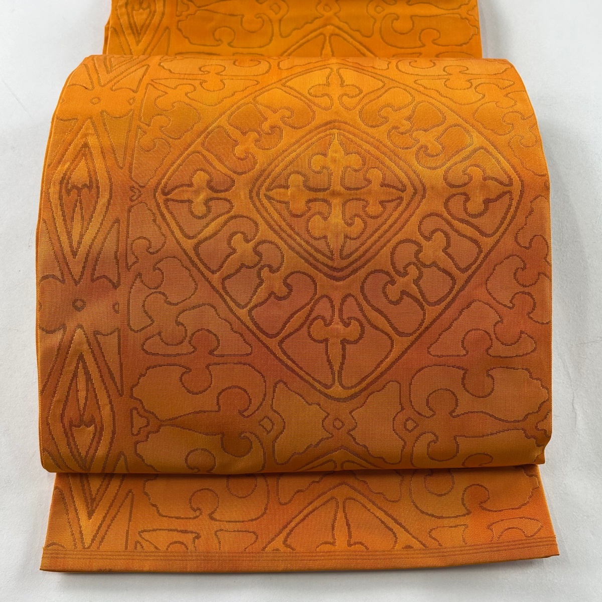 袋帯 美品 秀品 川島織物 落款 関西仕立て 紬地 個性的 菱 幾何学 オレンジ 六通 正絹 【中古】拍卖