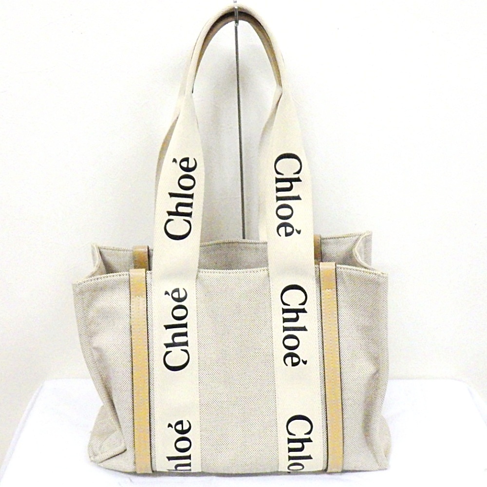 B25-605 Chloe クロエ WOODY MEDIUM ウッディ ミディアム トートバッグ キャンバス×レザー リネン カーフ ベージュ ロゴ レディース 拍卖