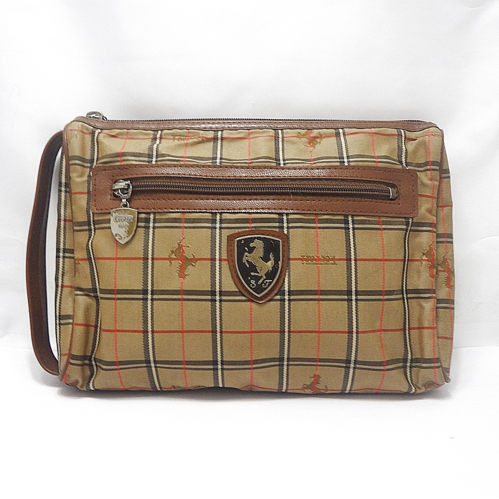 B25-763 Ferrari フェラーリ セカンドバッグ クラッチバッグ ブラウン系 キャンバス×レザー チェック柄 メンズ かばん 中古拍卖