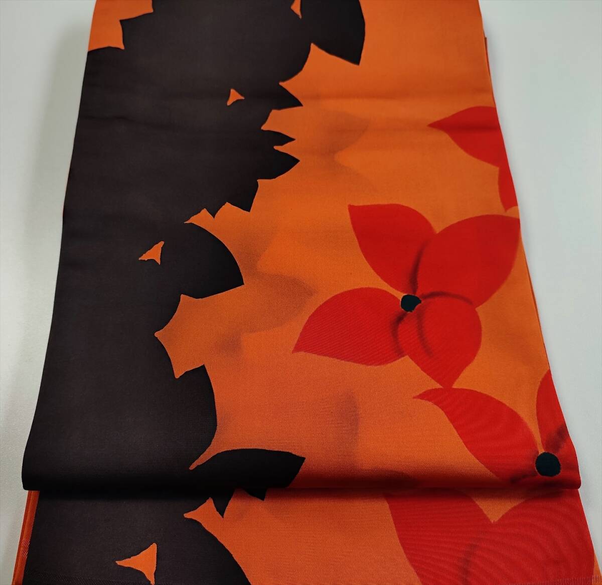 即決■着物の越田■幅31.5長さ420 正絹 丸帯 ※訳あり品※ オレンジ系 大柄 花 両面全通 ■ふ14J02拍卖