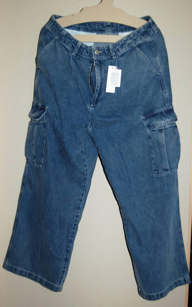 【新品未使用】LAKOLE デニム カーゴパンツ ワイド ライトブルー ラコレ Lサイズ ビッグシルエット 加工 ミリタリー ポケット バギー拍卖