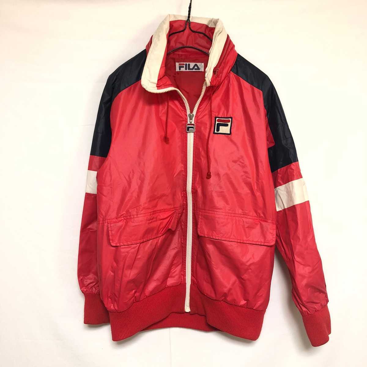 90s FILA フィラ ナイロンジャケット フード付 ビックロゴ 赤 レッド 拍卖