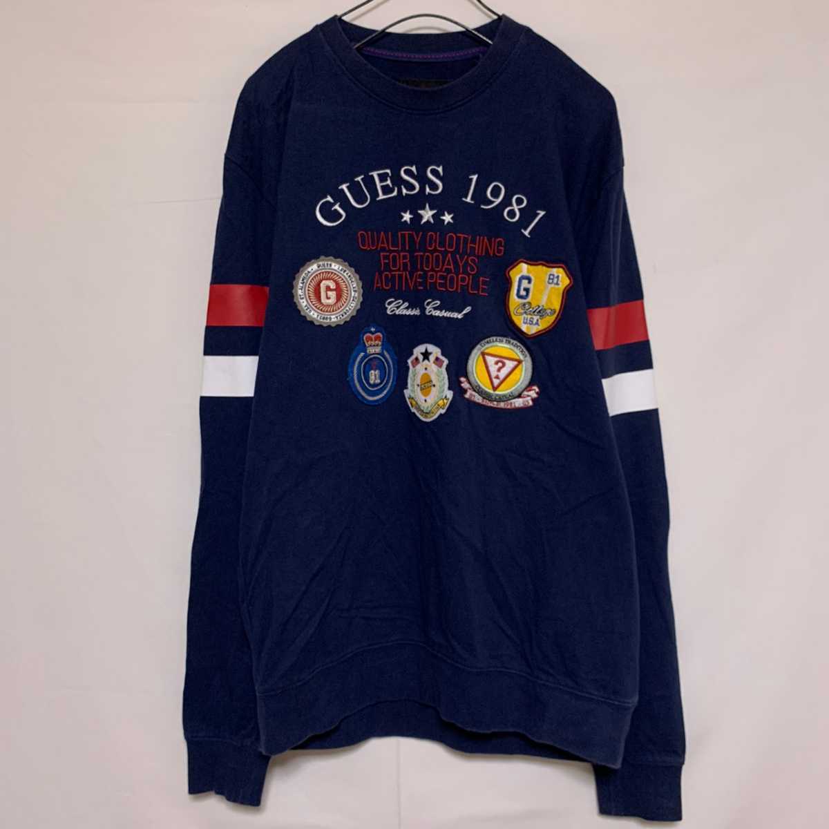 GUESS ゲス 長袖Tシャツ ロンT ワッペン 刺繍 ボーダー ネイビー 拍卖