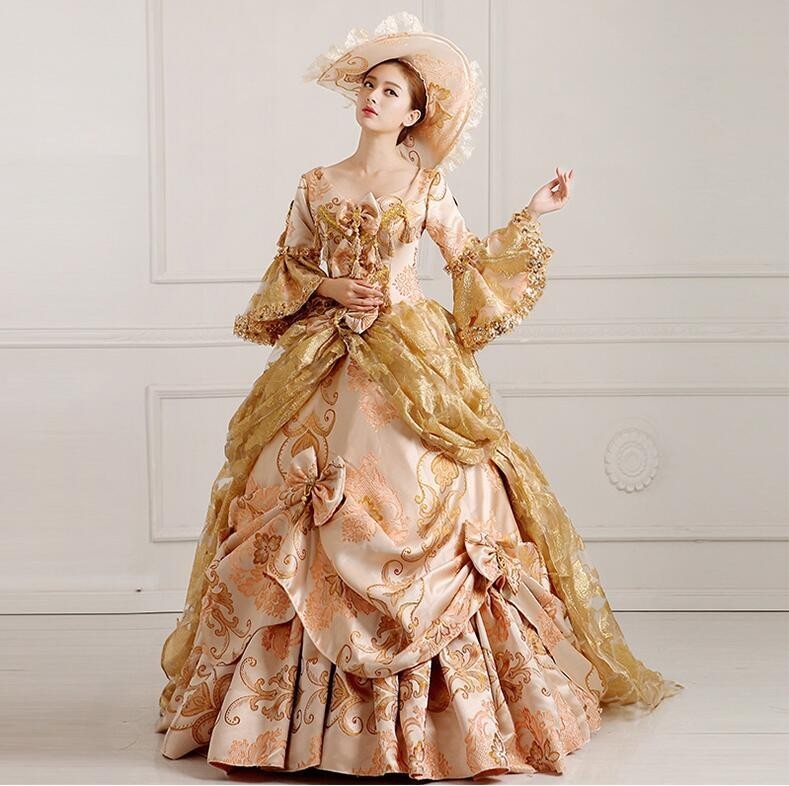 cos6718ウェディングドレス コスプレ衣装 カラードレス ゴールド 金色 帽子 パニエ プリンセスタイプ 女性S~XXXL限定拍卖