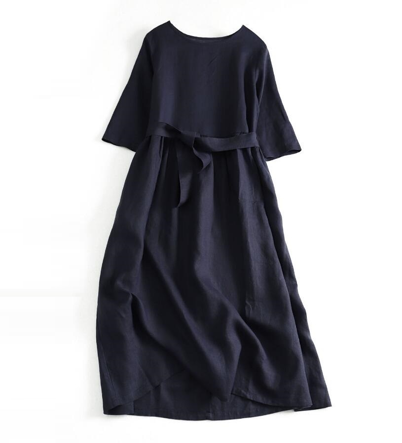 新入荷~大きいサイズ ~ロングワンピース リネン 無地 綿麻 カジュアル リボン 大人 マキシ丈ワンピース ~ネイビー拍卖