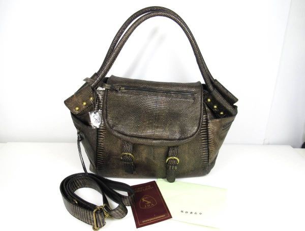 【極美品】品質保証書つき★ リザード オオトカゲ JRA タグ付き バック 婦人かばん 日本製 鞄 本革 約40×22㎝ マチあり レディース USED品拍卖