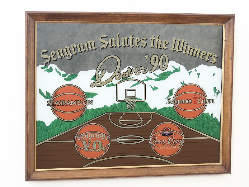 バスケットボールのビンテージミラー/壁掛け鏡/シーグラム/Seagram Salutes the Winners Denver'90/店舗什器/インテリア雑貨/装飾/PM-0104拍卖