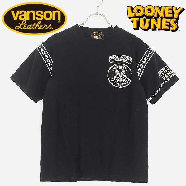 ◆VANSON バンソン × LOONEY TUNES バッグスバニー ワッペン プリント 刺繍 コットン 半袖 Tシャツ 黒 ブラック M拍卖
