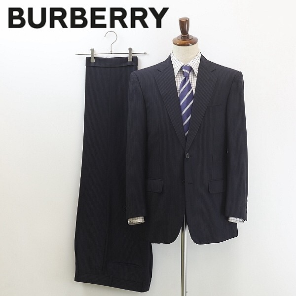 国内正規品◆BURBERRY LONDON バーバリー ロンドン SUPER120's ストライプ柄 2釦 スーツ セットアップ 紺 ネイビー AB5拍卖