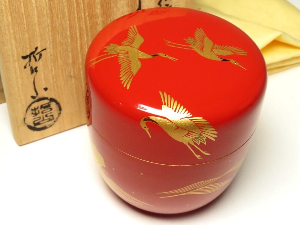 【9848】明治~大正 茶道具 鶴蒔絵 利休棗 作有り(初品・買取品)拍卖