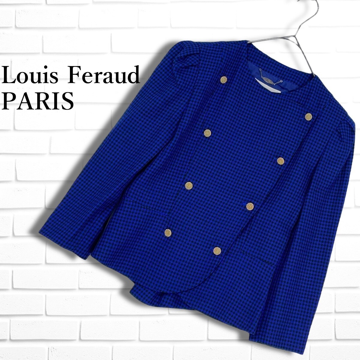 ◆美品◆ Louis Feraud ルイフェロー ウール 総柄 金ボタン レトロ ノーカラー ジャケット 黒 青 レディース 送料無料 3965D◇拍卖