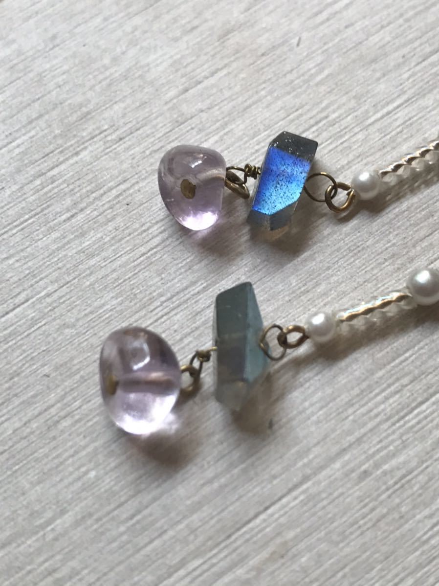 ラブラドライト アメジスト パールのピアス 天然石 一点もの拍卖