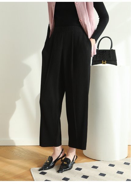 2503レディースプリーツpleatsワイドパンツズボン弾力が肌触りドレープ性がいい 9分丈ポケット付き大人可愛いブラック拍卖