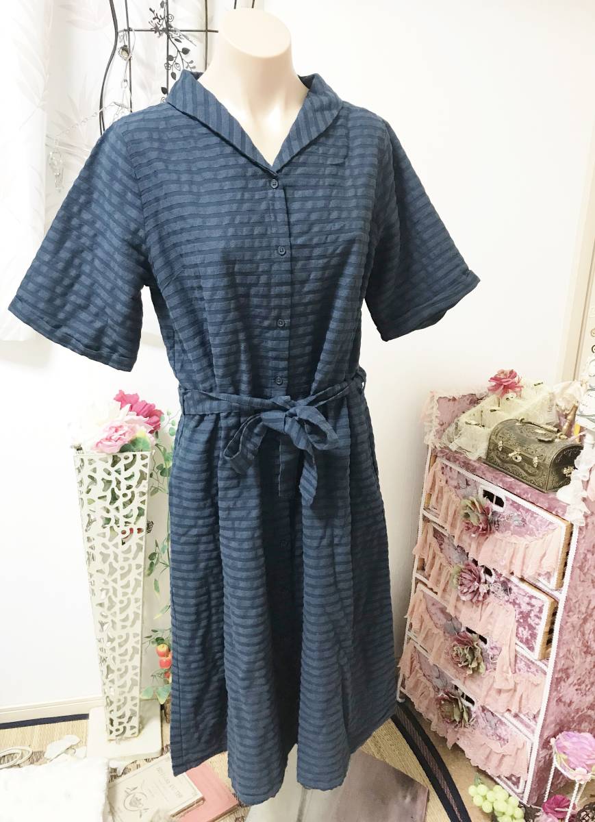 レディスLサイズ:セルフサービス【SELF*SERVICE】シワ加工*凹凸ボーダー/ブラウスワンピース:濃紺拍卖