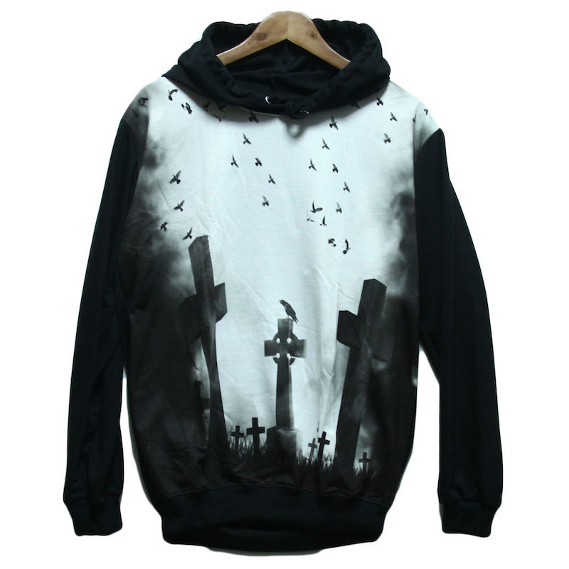 プルオーバーパーカー メンズパーカー 十字架 海外墓地 パンクロック ホラー バンド ストリート スウェット フード付き 薄手 春 ★P21L拍卖