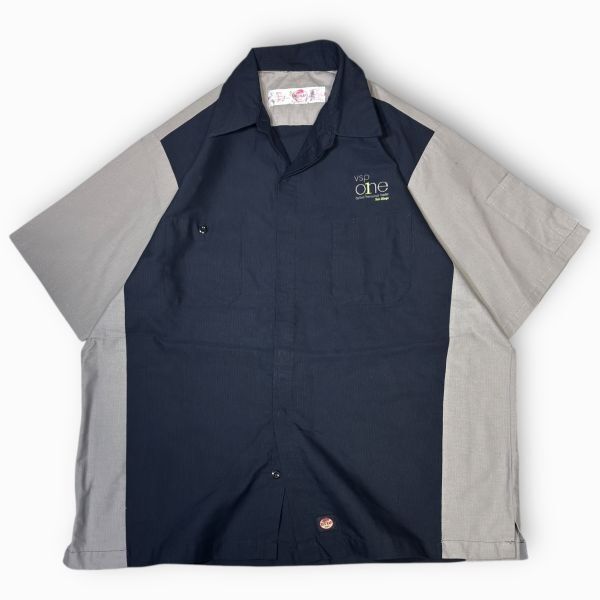 ★RED KAP★VSP ONEロゴ刺繍★半袖オープンワークシャツ sizeXL ネイビー/グレー系 バイカラー スリット レッドキャップ 古着 洗濯済み拍卖