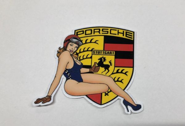 ポルシェ ヴィンテージ ピンナップ ステッカー ゴーグル美女 赤系ヘルメット ネイビー系水着 ステッカー 50年代 60年代 911 718 356 (Pg03C拍卖