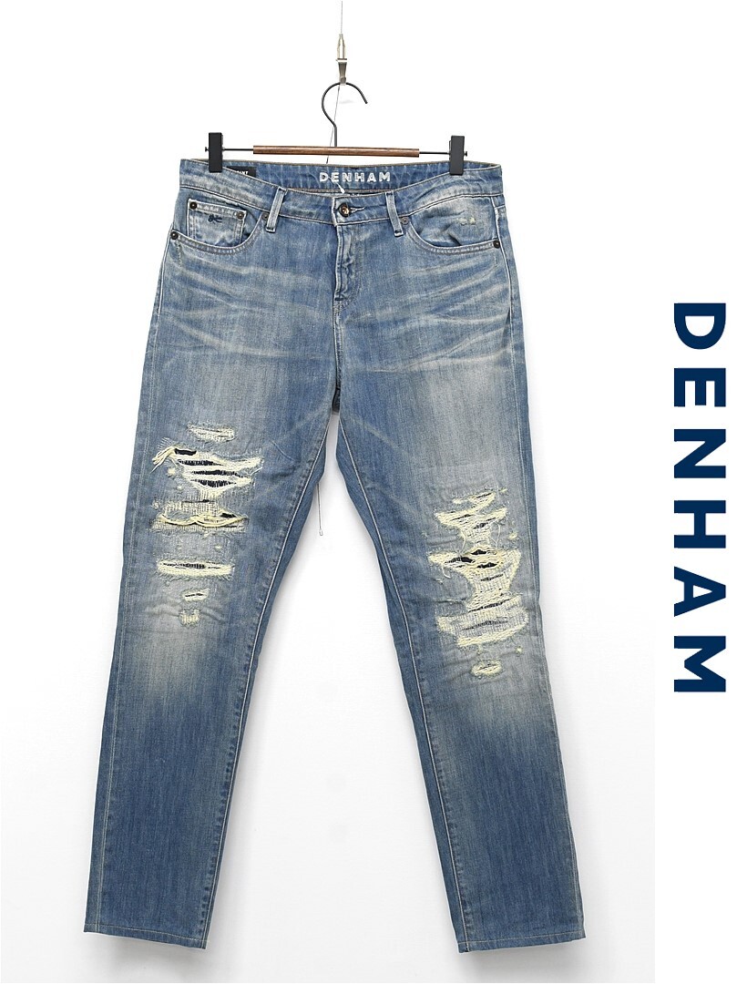N403/DENHAM デンハム POINT CARROT FIT デニム ジーンズ パンツ ダメージ加工 クラッシュ リペア加工 ジップフライ レザーパッチ 28 S 青拍卖