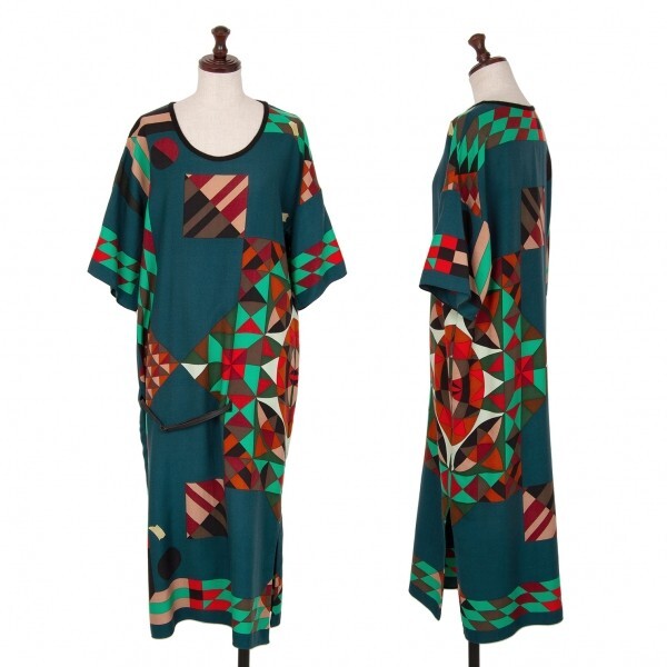 エルメスHERMES シルク幾何学プリントベルトワンピース 紺マルチS拍卖