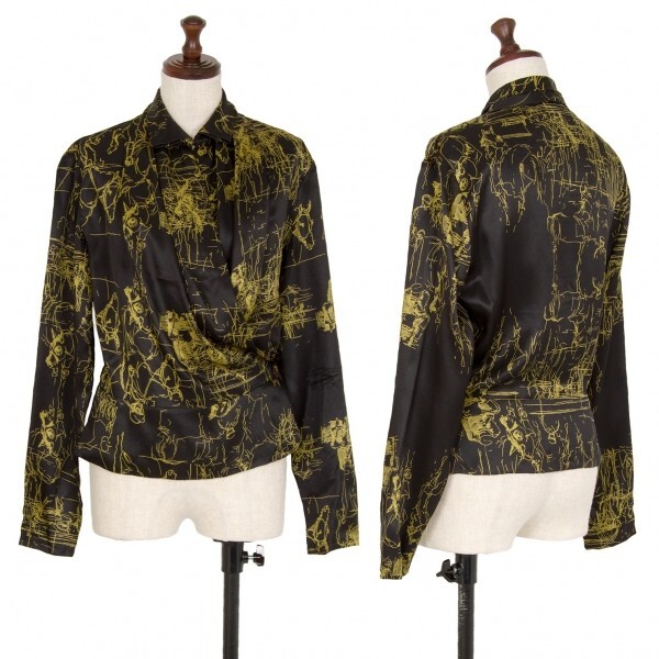 エルメスHERMES ドローイングプリントカシュクールシルクブラウス 黒38拍卖