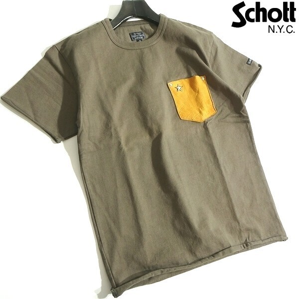 Schott ショット 新品 レザーパッチポケット ディアスキン ヘビーウェイトコットン 半袖 Tシャツ カットソー 3183001 75 S ▲022▼kkf999us拍卖
