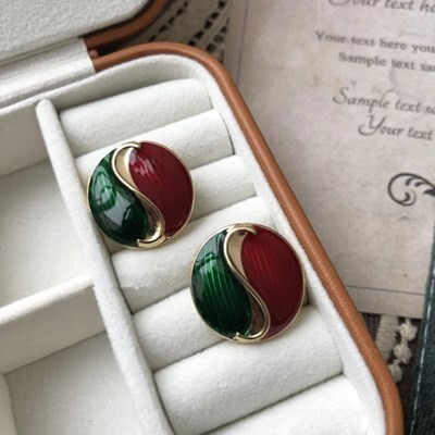 ピアス S925針 グリーン レッド ヴィンテージ エナメル 韓国 バロック ラウンド 楕円形 スタッド 緑 赤 絶妙 レディース #C863-5拍卖