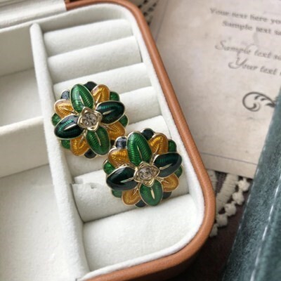 ピアス S925針 グリーン オレンジ ヴィンテージ エナメル リーフ バロック 幾何 ラウンド 楕円形 スタッド 緑 橙 絶妙 レディース #C862-2拍卖