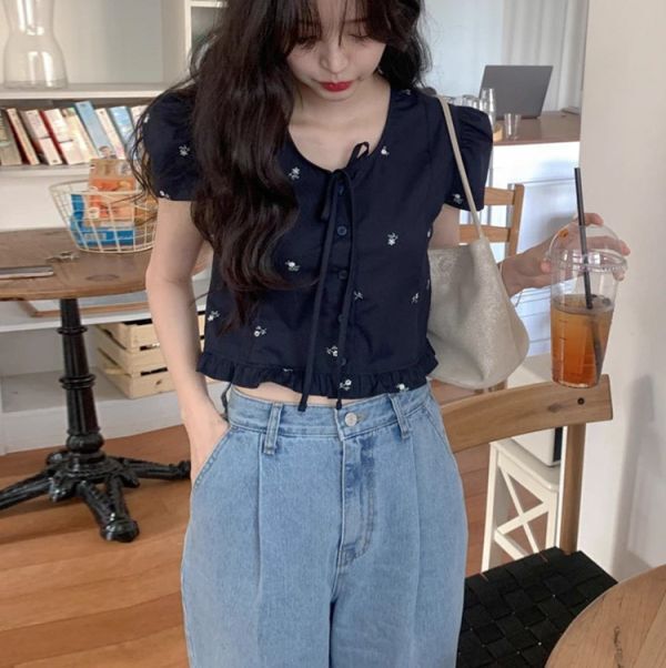 レディース トップス ブラウス ショート丈 リボン 花柄プリント FY86拍卖