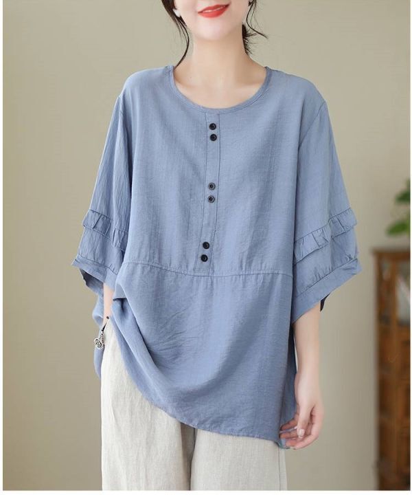 レディース トップス シャツ ブラウス ラウンドネック ナチュラル FY13拍卖