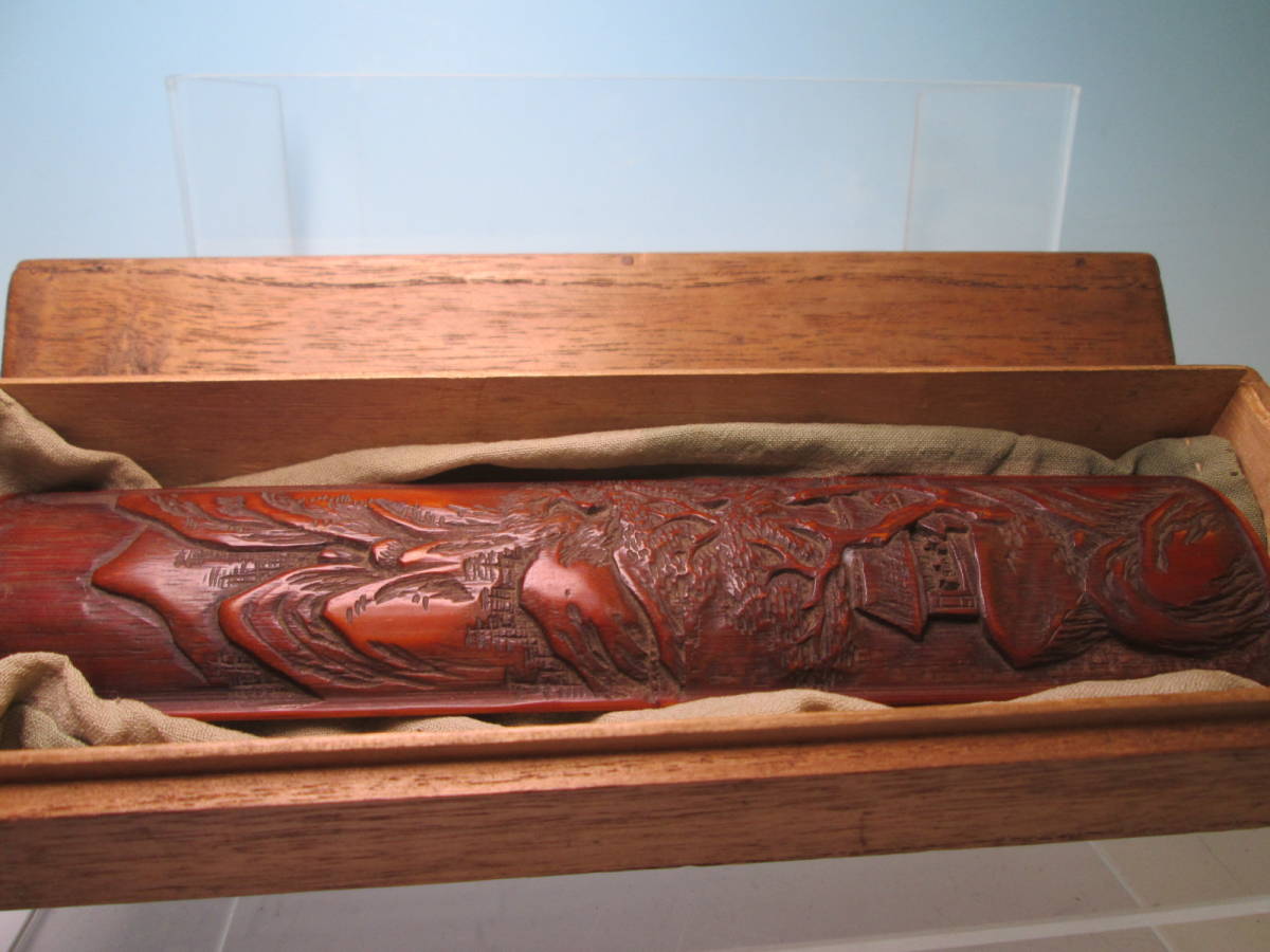 ☆煎茶道具 古い山水彫刻の素晴らしい細工の茶合 26g 木箱付拍卖